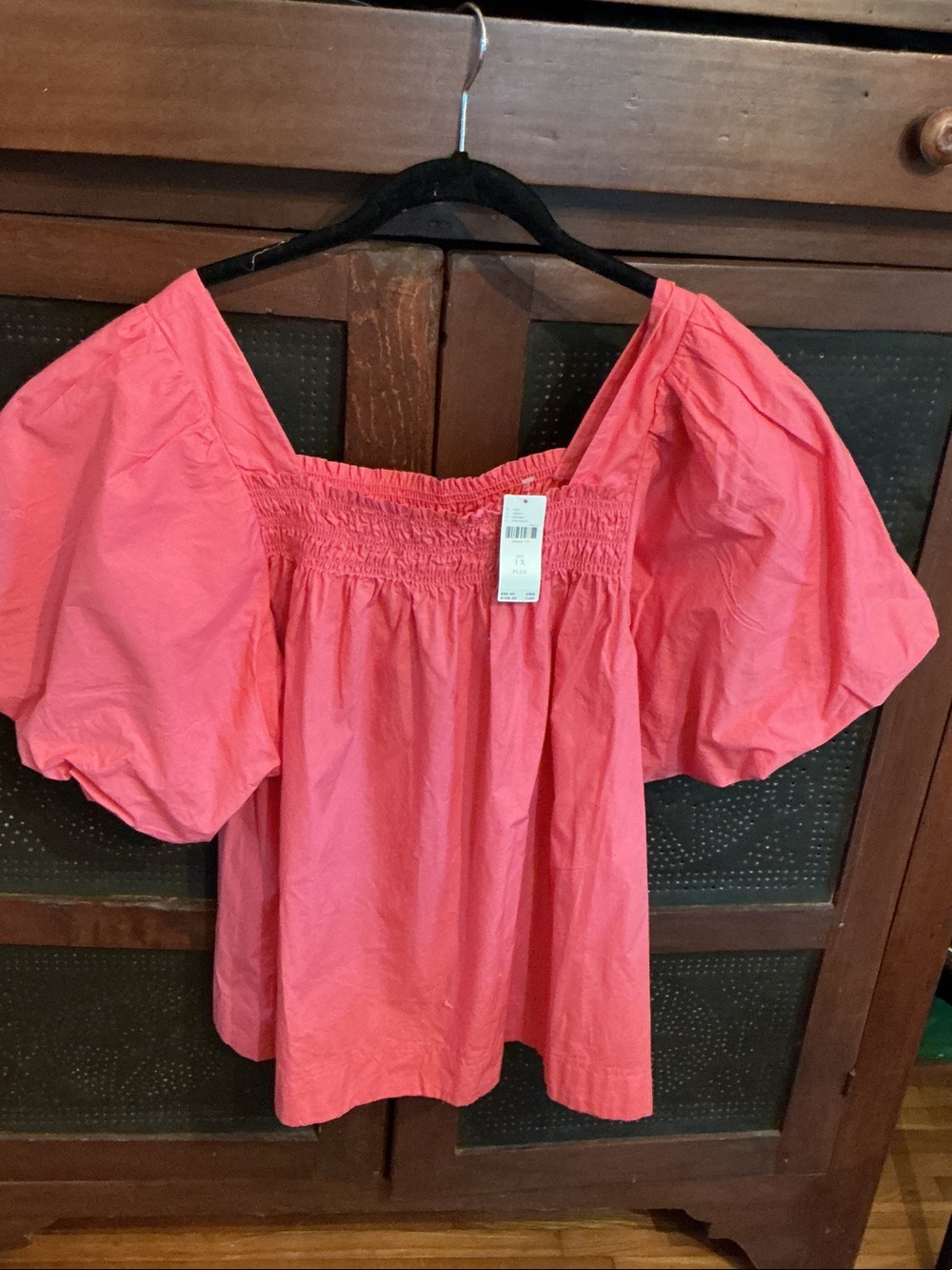 Anthropologie Plus “Maeve” Puff-Sleeve Square-Neck Top in Coral Pink